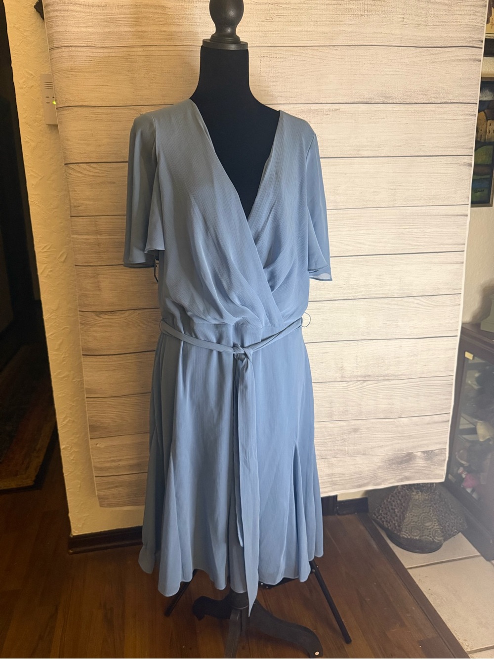 Ralph Lauren Soft Blue Wrap-Front Midi Dress with Tie Waist